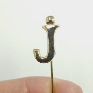 Vintage Little J Stick Pin, Gold Tone Brooch, Letter Monogram Initial Unisex